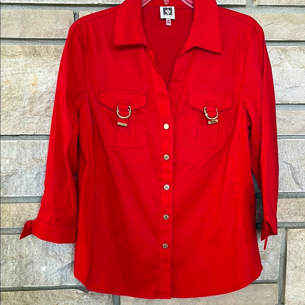Anne Klein Red Notched Collar Button Down Shirt